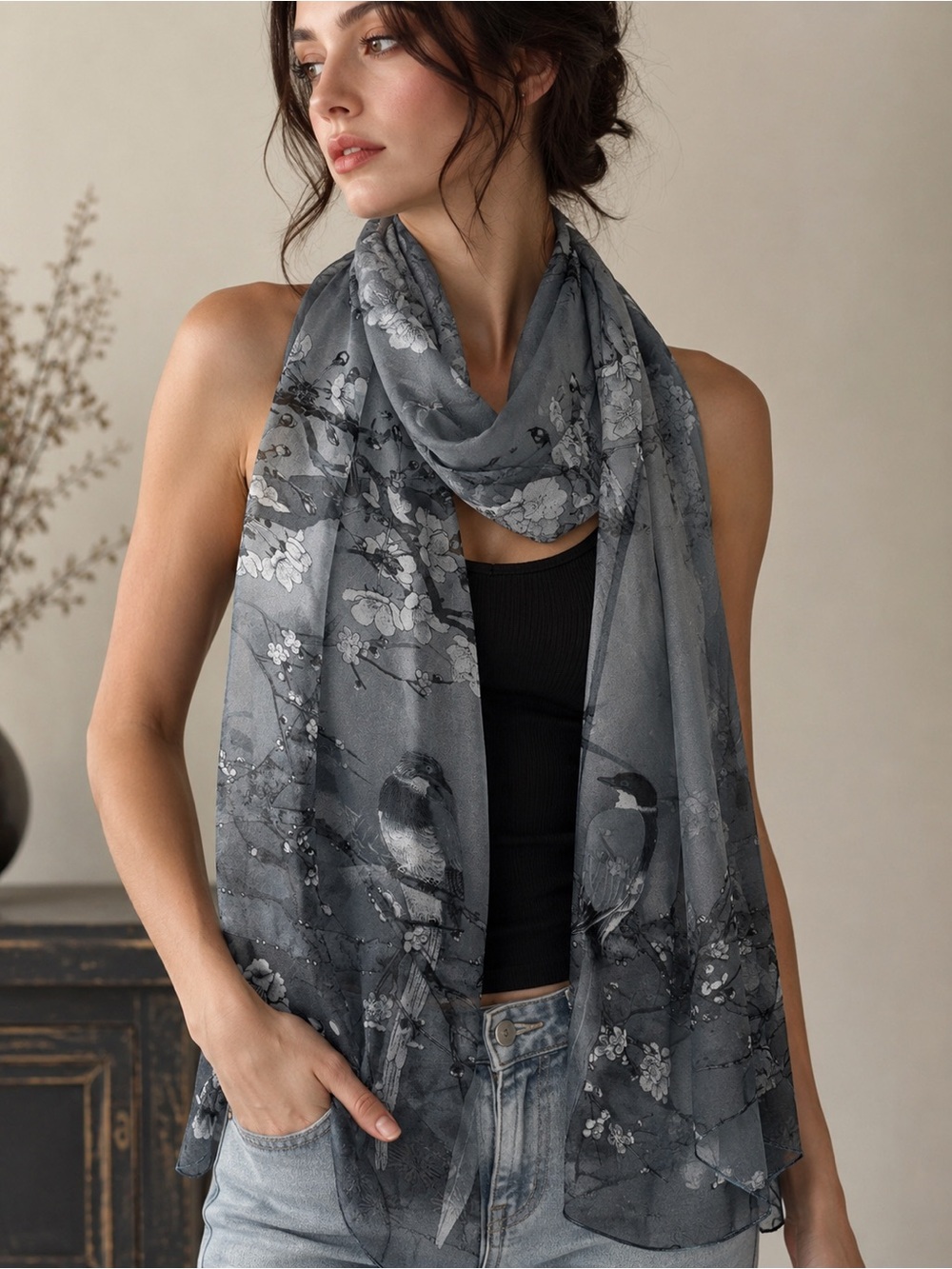 Bird Blossom Sheer Scarf Gray Black Monochrome Chinoiserie Wrap